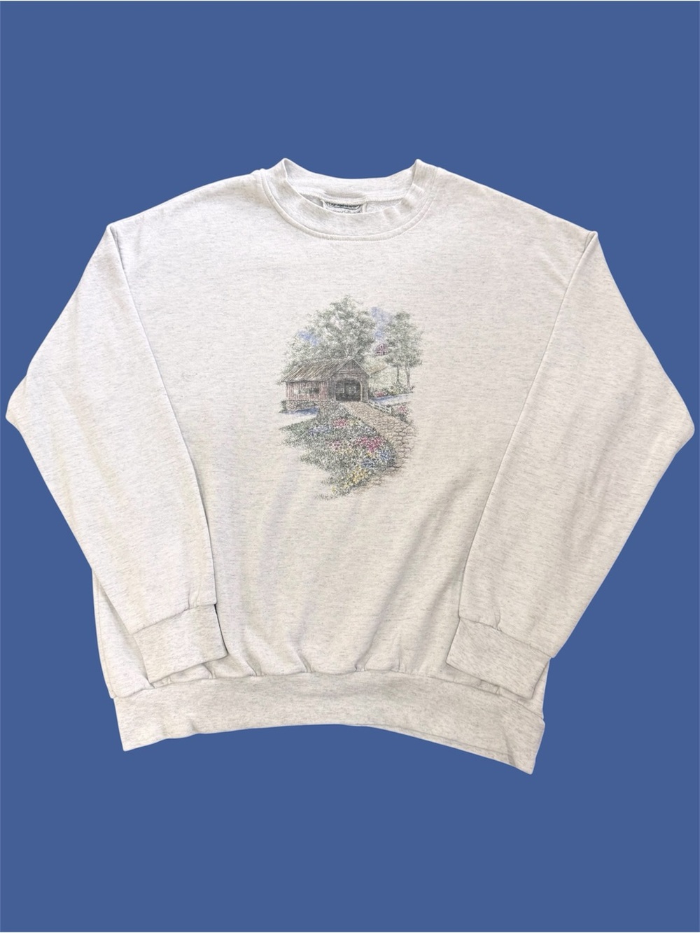 Vintage 90s Tradition Country Covered Bridge Graphic Cottagecore Crewneck Large